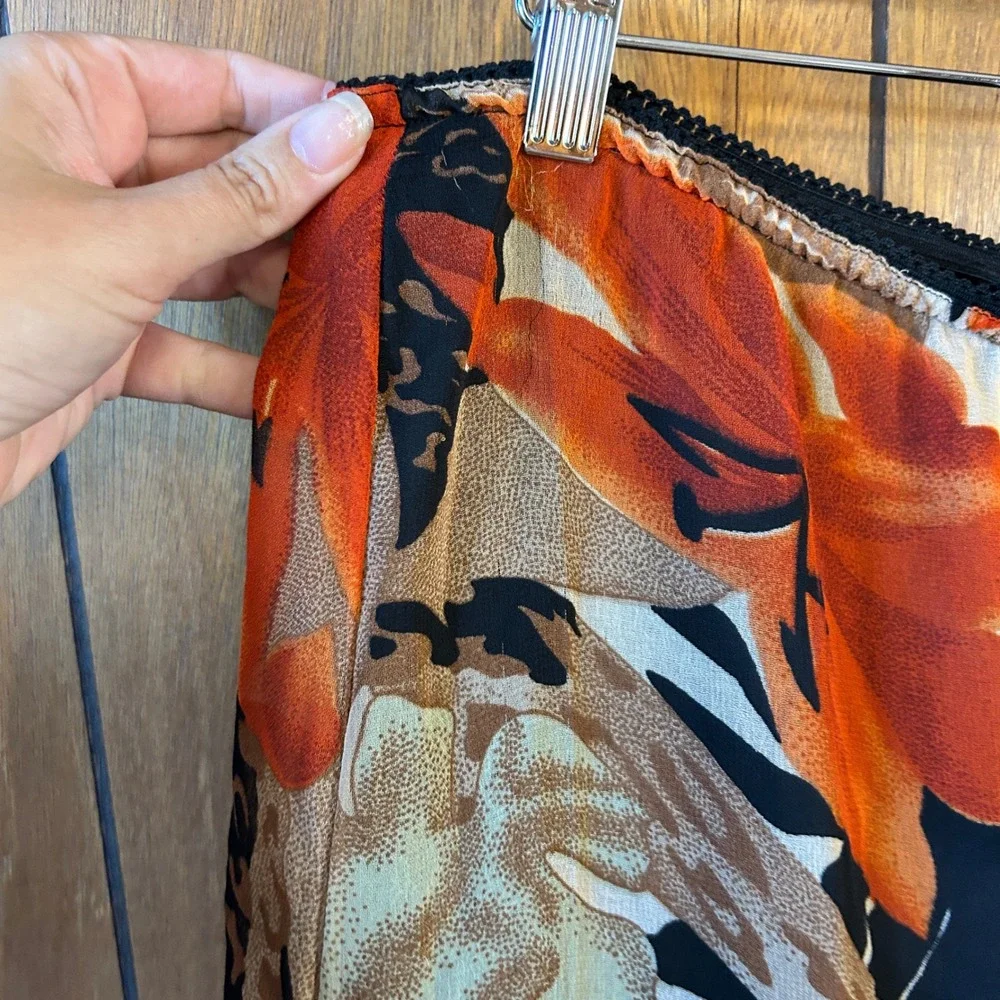 Jazzie Floral‎ Maxi Skirt L Orange Beige Brown Sheer Lined Retro Party Elegant